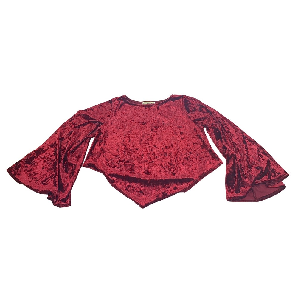 VTG Callie Mac Velvet Top Womens Sz L Blood Red Bell Sleeves V Front Crop Vamp